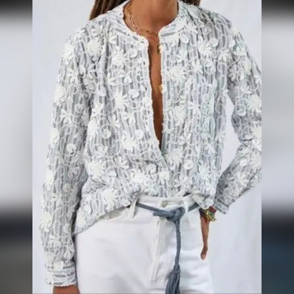 Anthropologie White Floral Lace Button-Front Blouse